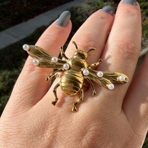 Gold Bee Statement Ring with Pearls